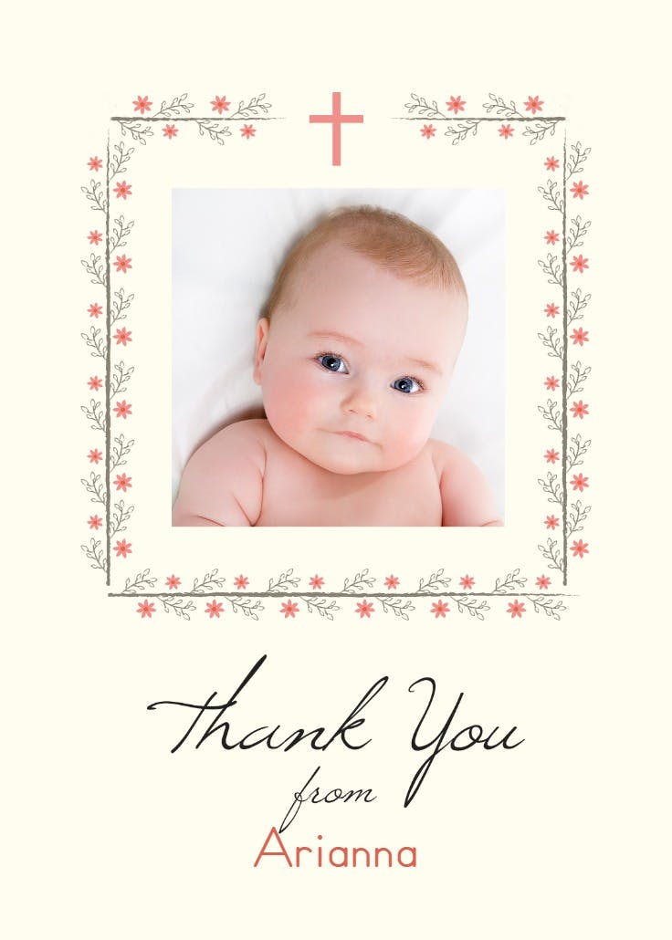 Red floral frame - baptism thank you card